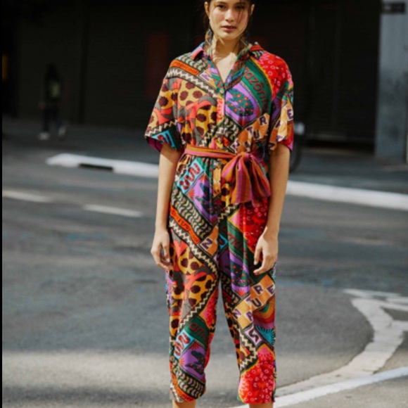 Farm Rio Dotted Patch Scarf Unisex Jumpsuit Size L Multi Tropical Short Sleeve - Picture 2 of 5